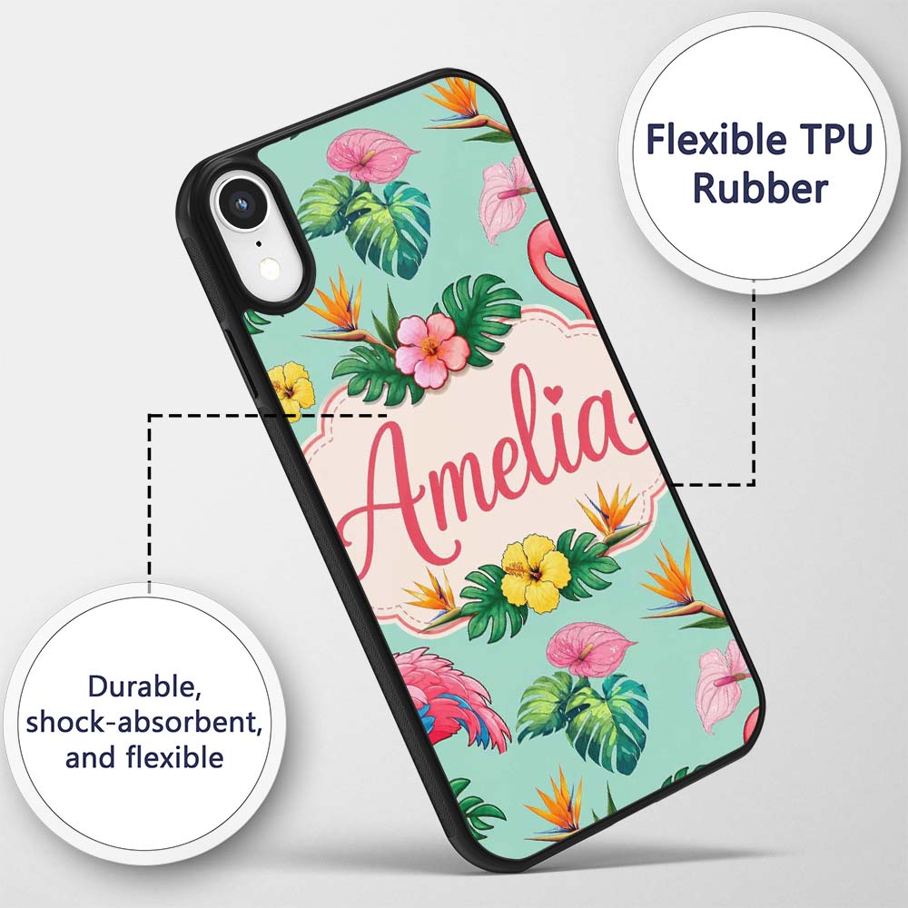 Tropical Flamingo Bird with Exotic Flowers Leaves Custom Name Protective Phone Case Mobile Cover Durable Everyday Smartphone Shock Resistant