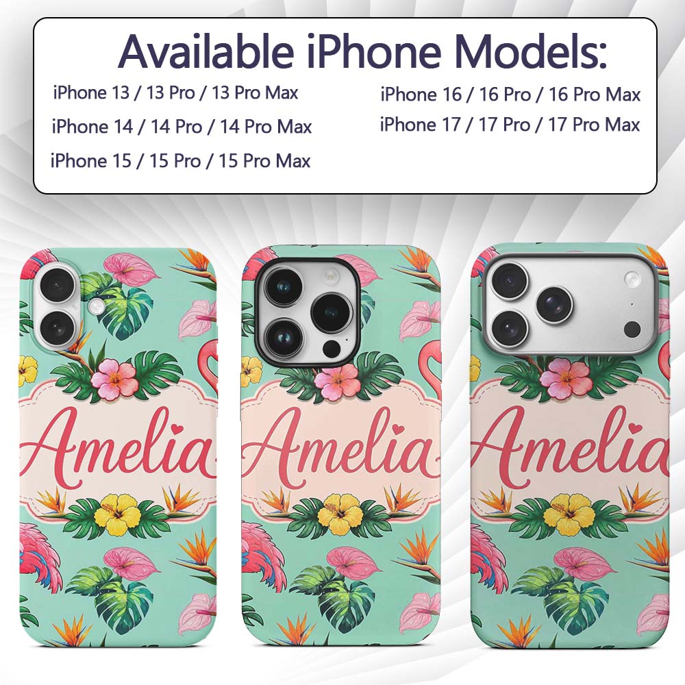 Tropical Flamingo Bird with Exotic Flowers Leaves Custom Name Protective Phone Case Mobile Cover Durable Everyday Smartphone Shock Resistant