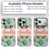 Tropical Flamingo Bird with Exotic Flowers Leaves Custom Name Protective Phone Case Mobile Cover Durable Everyday Smartphone Shock Resistant
