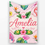 Tropical Flamingo Bird with Exotic Flowers Leaves Blush Pink Lovely  Personalised Custom Name Super Soft Fleece Blanket Bed Sofa Throw
