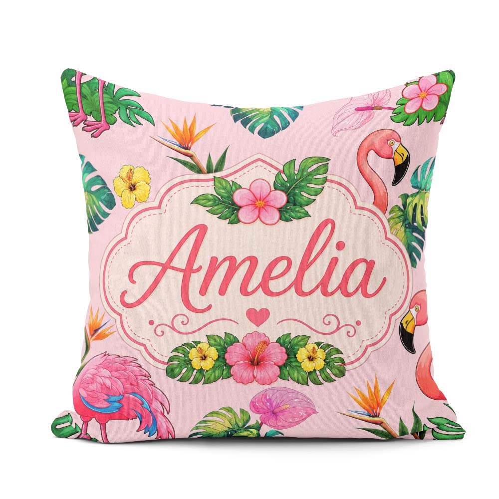 Custom Name Tropical Flamingo Bird with Exotic Leaves Blush Pink Square Filled Cushion Throw Pillow Sofa Bed Home Decor Zip Washable UK Made