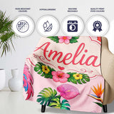Tropical Flamingo Bird with Exotic Flowers Leaves Blush Pink Lovely  Personalised Custom Name Super Soft Fleece Blanket Bed Sofa Throw