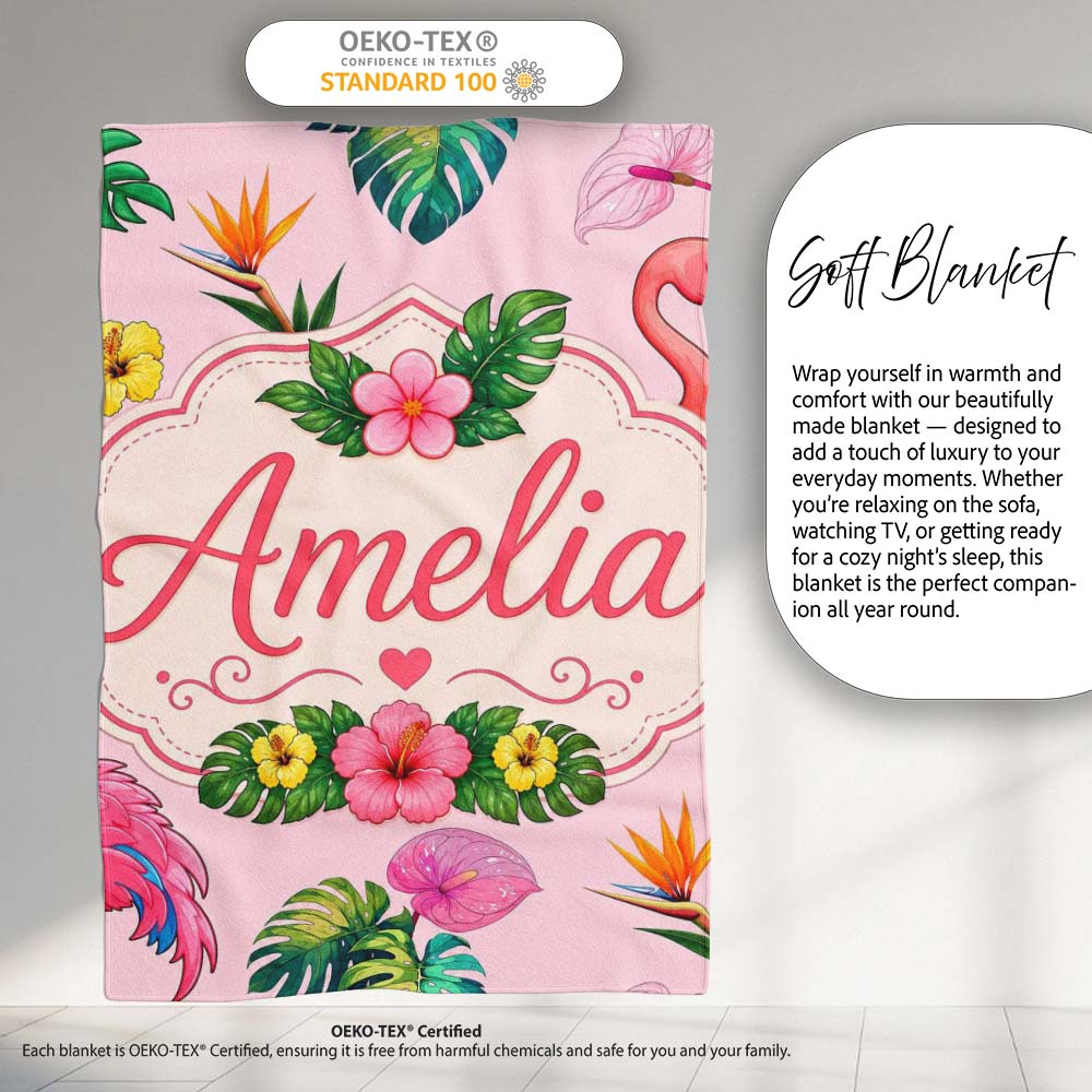 Tropical Flamingo Bird with Exotic Flowers Leaves Blush Pink Lovely  Personalised Custom Name Super Soft Fleece Blanket Bed Sofa Throw