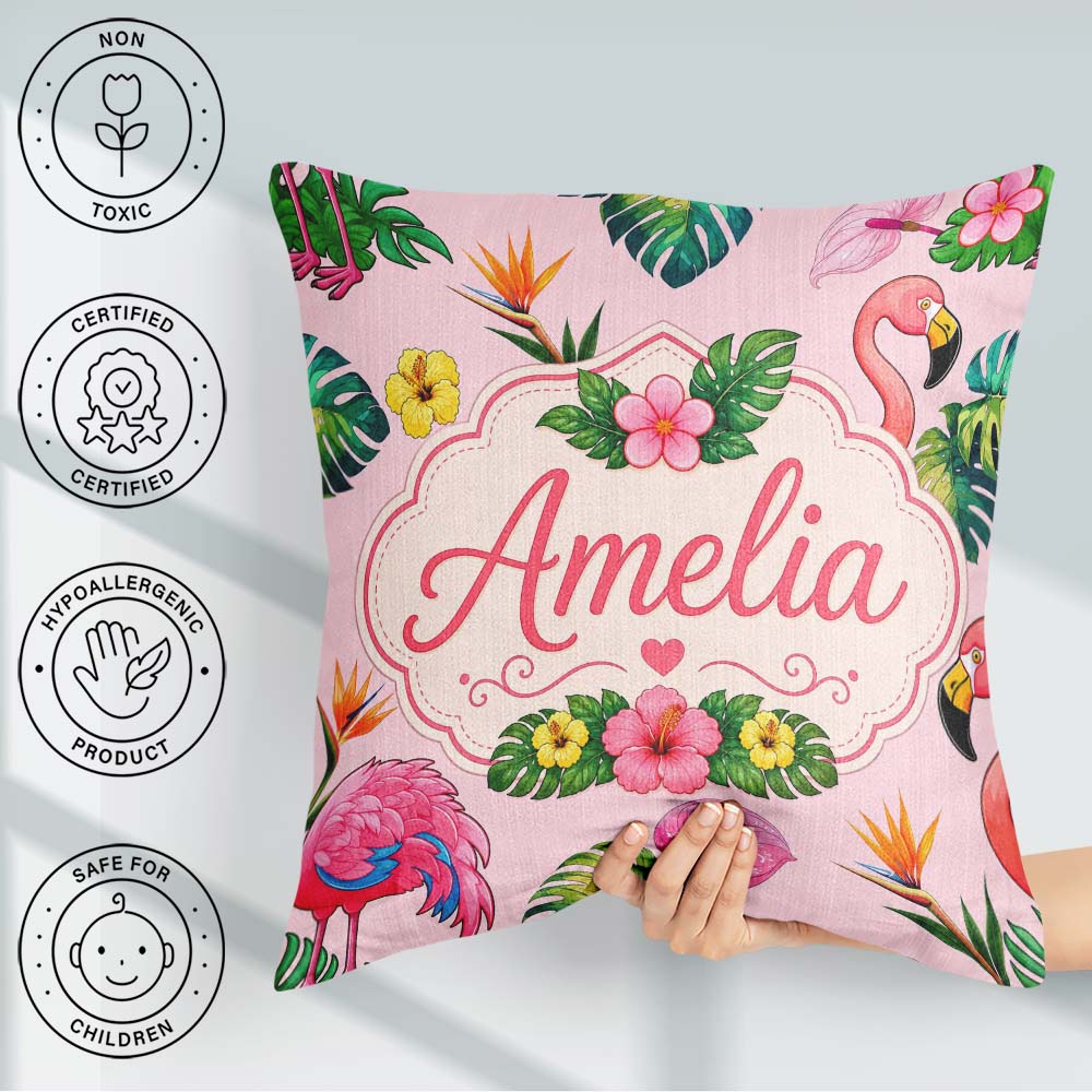 Custom Name Tropical Flamingo Bird with Exotic Leaves Blush Pink Square Filled Cushion Throw Pillow Sofa Bed Home Decor Zip Washable UK Made