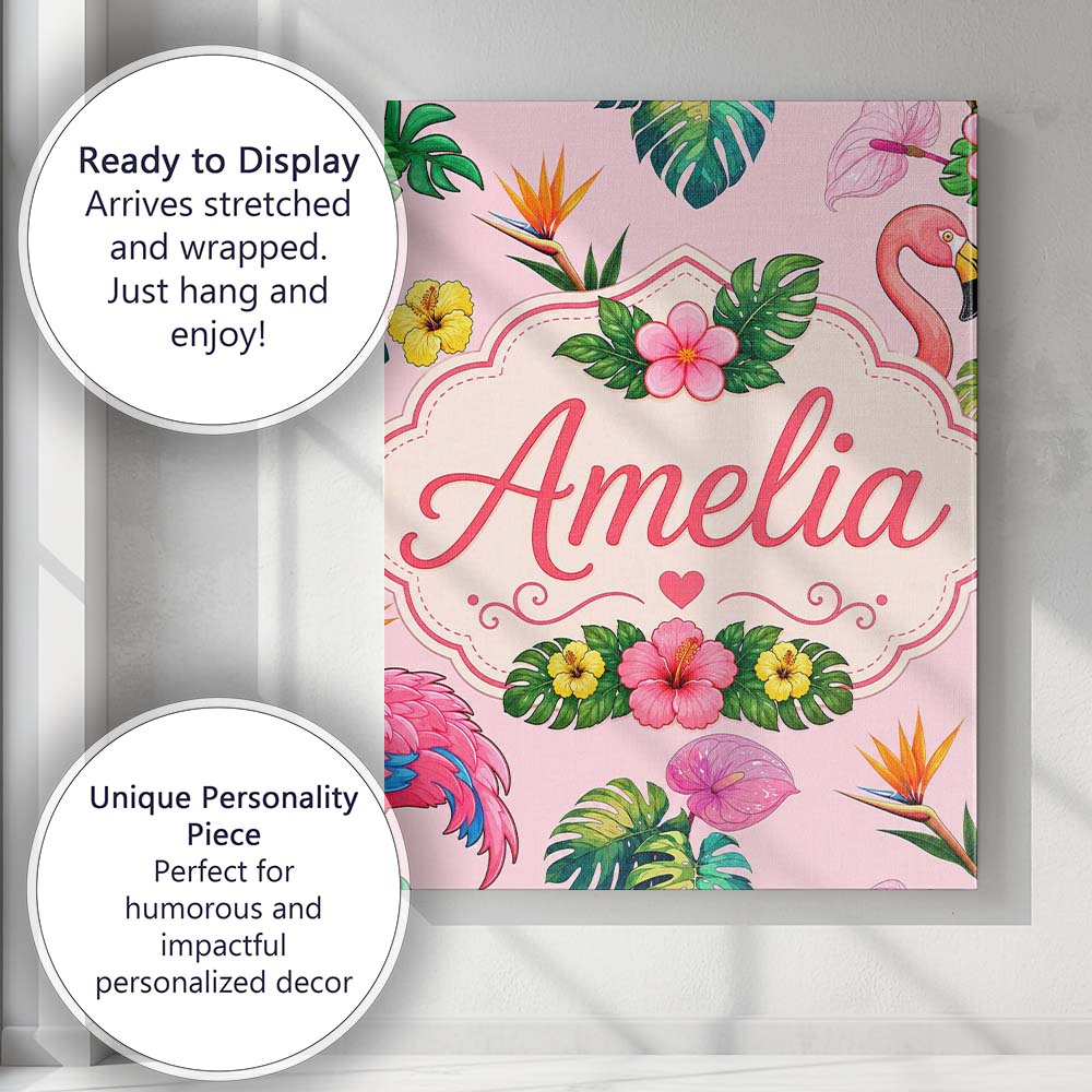 Personalised Name Tropical Flamingo Bird Custom  Unique Gift Idea Elegant Feature Canvas Wall Art Print Decor Picture Ready to Hang