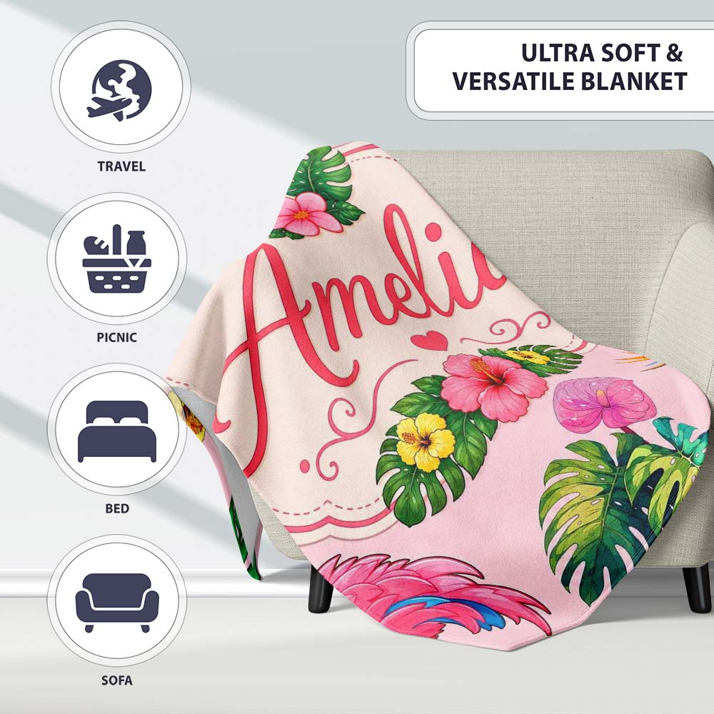 Tropical Flamingo Bird with Exotic Flowers Leaves Blush Pink Lovely  Personalised Custom Name Super Soft Fleece Blanket Bed Sofa Throw