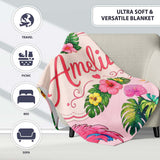 Tropical Flamingo Bird with Exotic Flowers Leaves Blush Pink Lovely  Personalised Custom Name Super Soft Fleece Blanket Bed Sofa Throw