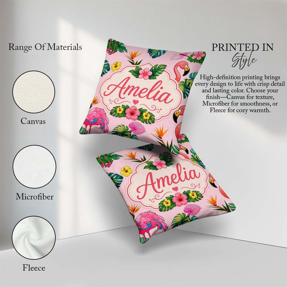Custom Name Tropical Flamingo Bird with Exotic Leaves Blush Pink Square Filled Cushion Throw Pillow Sofa Bed Home Decor Zip Washable UK Made