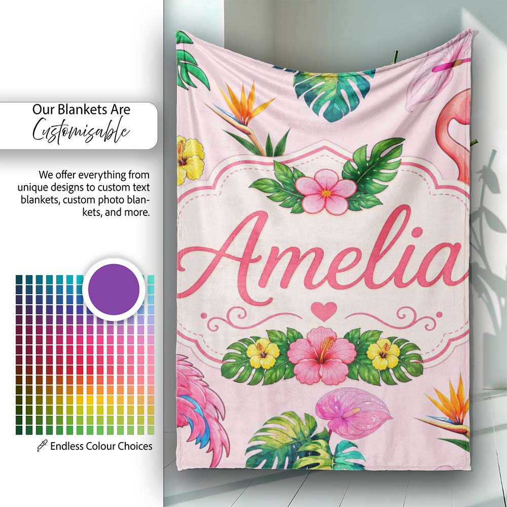 Tropical Flamingo Bird with Exotic Flowers Leaves Blush Pink Lovely  Personalised Custom Name Super Soft Fleece Blanket Bed Sofa Throw