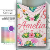 Tropical Flamingo Bird with Exotic Flowers Leaves Blush Pink Lovely  Personalised Custom Name Super Soft Fleece Blanket Bed Sofa Throw