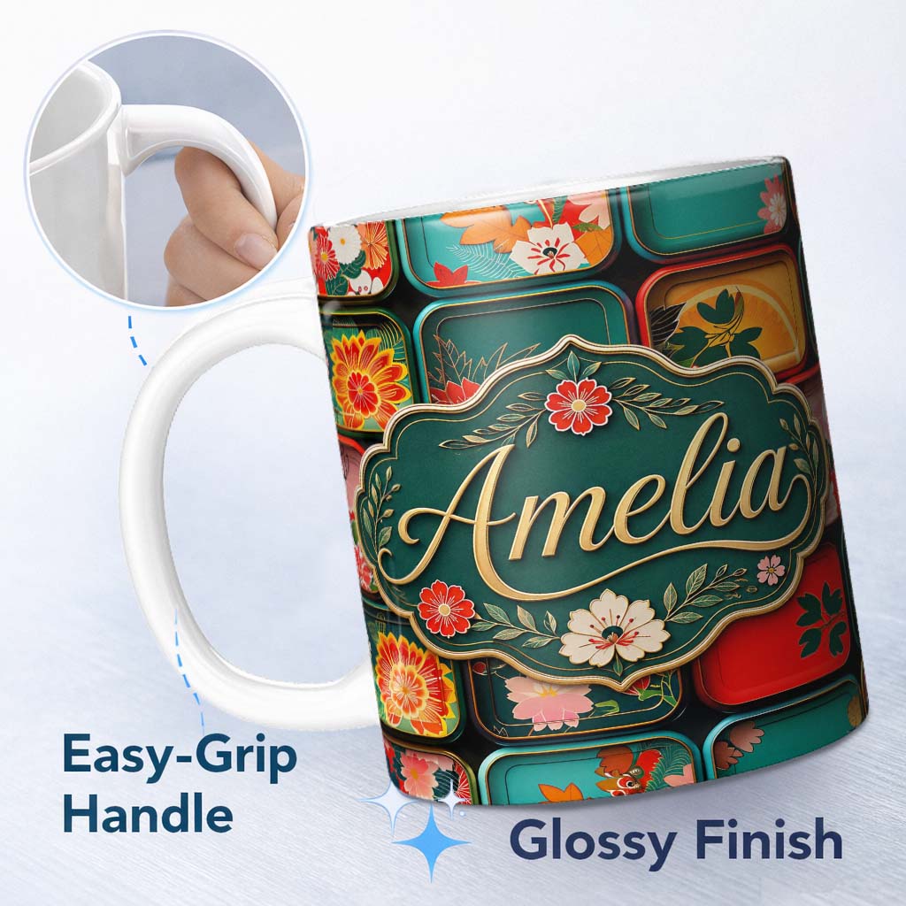 Personalized Custom Name Japanese Floral Bento Box Lid Patterns Pattern Vibrant Decorative 11oz Ceramic Coffee Tea Mug White Large Handle