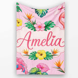 Tropical Flamingo Bird with Exotic Flowers Leaves Pattern Soft Pink  Personalised Custom Name Super Soft Fleece Blanket Bed Sofa Throw