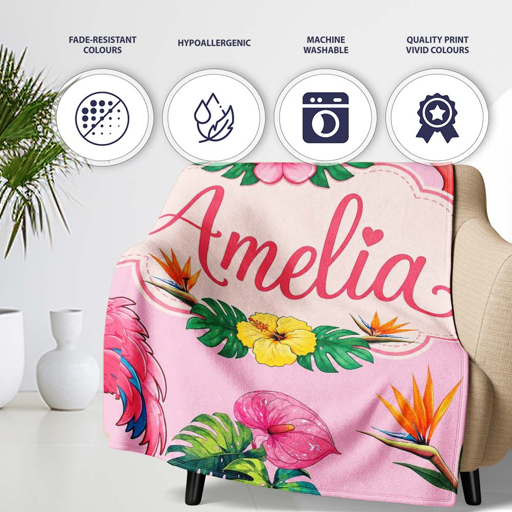 Tropical Flamingo Bird with Exotic Flowers Leaves Pattern Soft Pink  Personalised Custom Name Super Soft Fleece Blanket Bed Sofa Throw