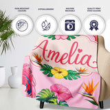 Tropical Flamingo Bird with Exotic Flowers Leaves Pattern Soft Pink  Personalised Custom Name Super Soft Fleece Blanket Bed Sofa Throw