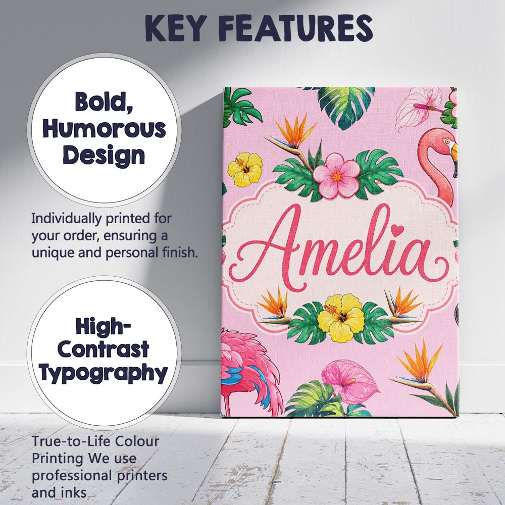 Personalised Name Tropical Flamingo Bird Custom  Unique Gift Idea Elegant Feature Canvas Wall Art Print Decor Picture Ready to Hang