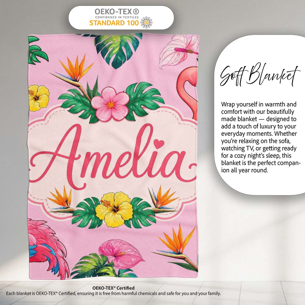Tropical Flamingo Bird with Exotic Flowers Leaves Pattern Soft Pink  Personalised Custom Name Super Soft Fleece Blanket Bed Sofa Throw