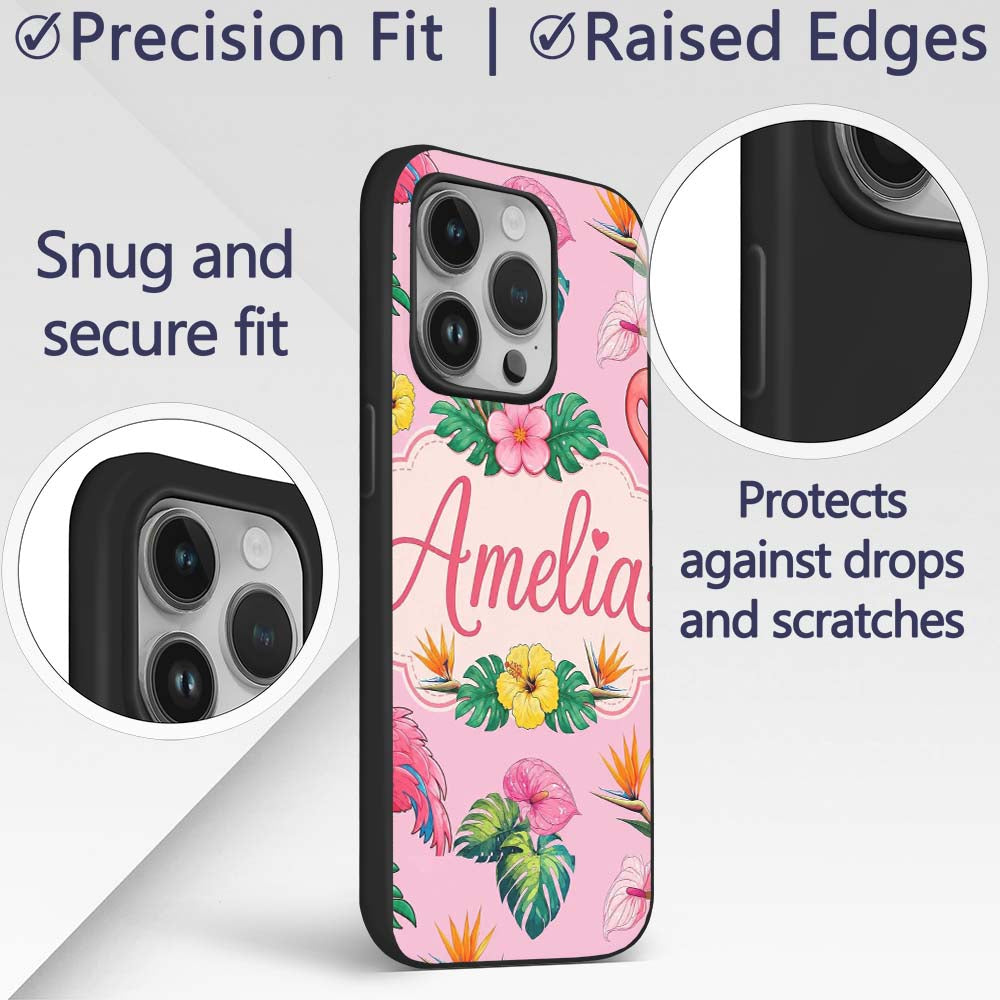 Tropical Flamingo Bird with Exotic Flowers Leaves Custom Name Protective Phone Case Mobile Cover Durable Everyday Smartphone Shock Resistant