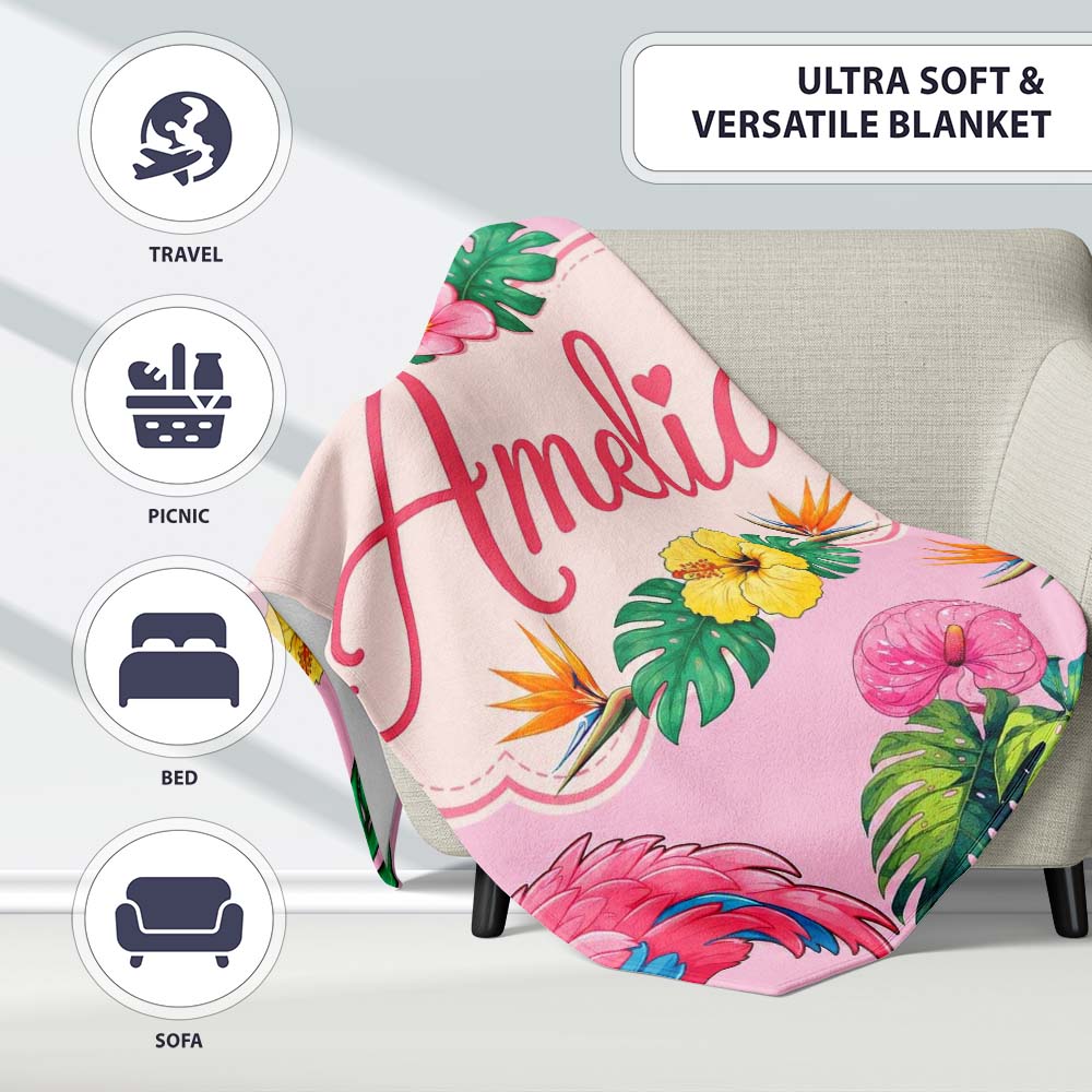 Tropical Flamingo Bird with Exotic Flowers Leaves Pattern Soft Pink  Personalised Custom Name Super Soft Fleece Blanket Bed Sofa Throw