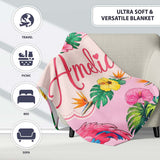 Tropical Flamingo Bird with Exotic Flowers Leaves Pattern Soft Pink  Personalised Custom Name Super Soft Fleece Blanket Bed Sofa Throw