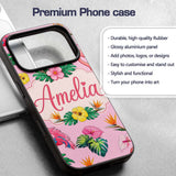 Tropical Flamingo Bird with Exotic Flowers Leaves Custom Name Protective Phone Case Mobile Cover Durable Everyday Smartphone Shock Resistant