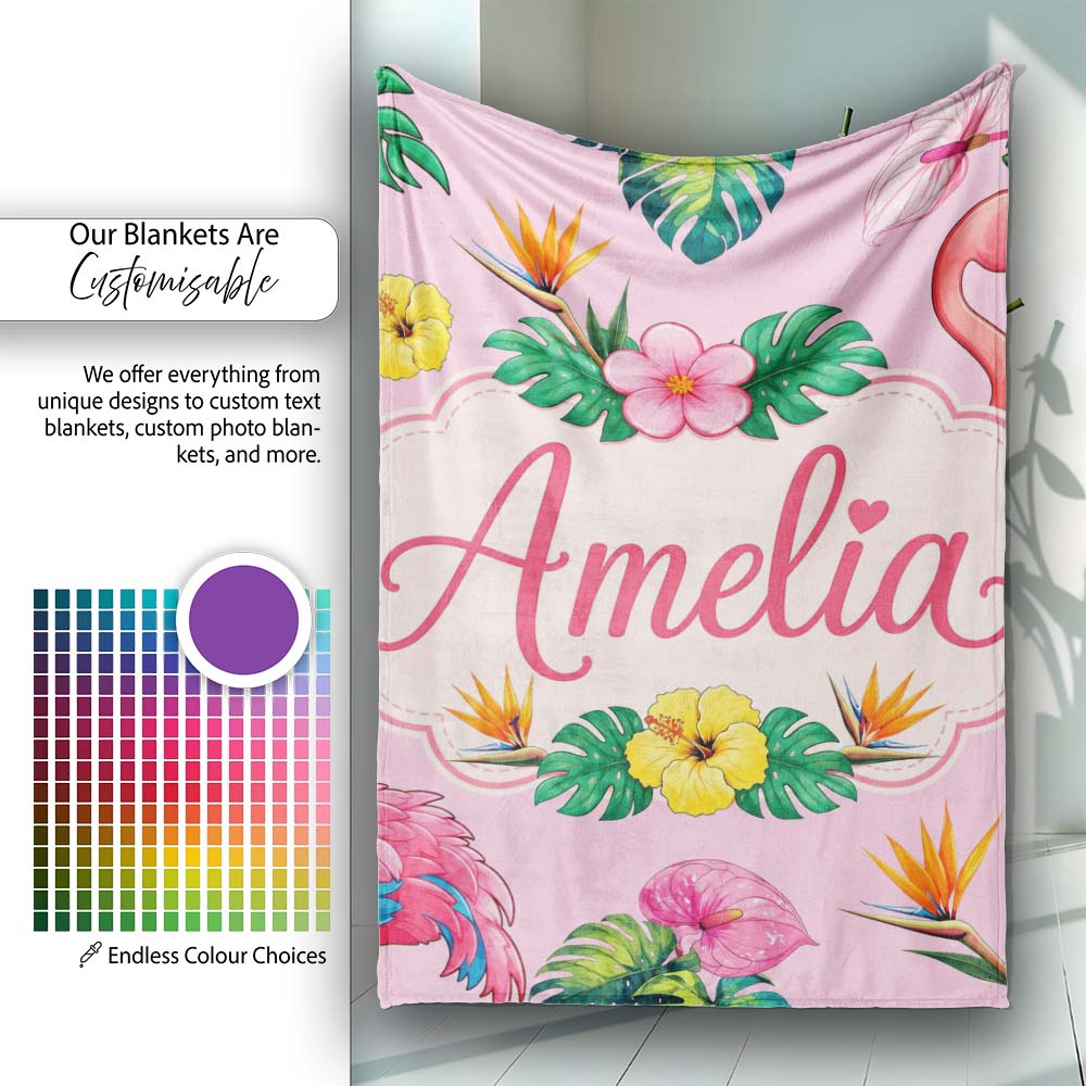 Tropical Flamingo Bird with Exotic Flowers Leaves Pattern Soft Pink  Personalised Custom Name Super Soft Fleece Blanket Bed Sofa Throw
