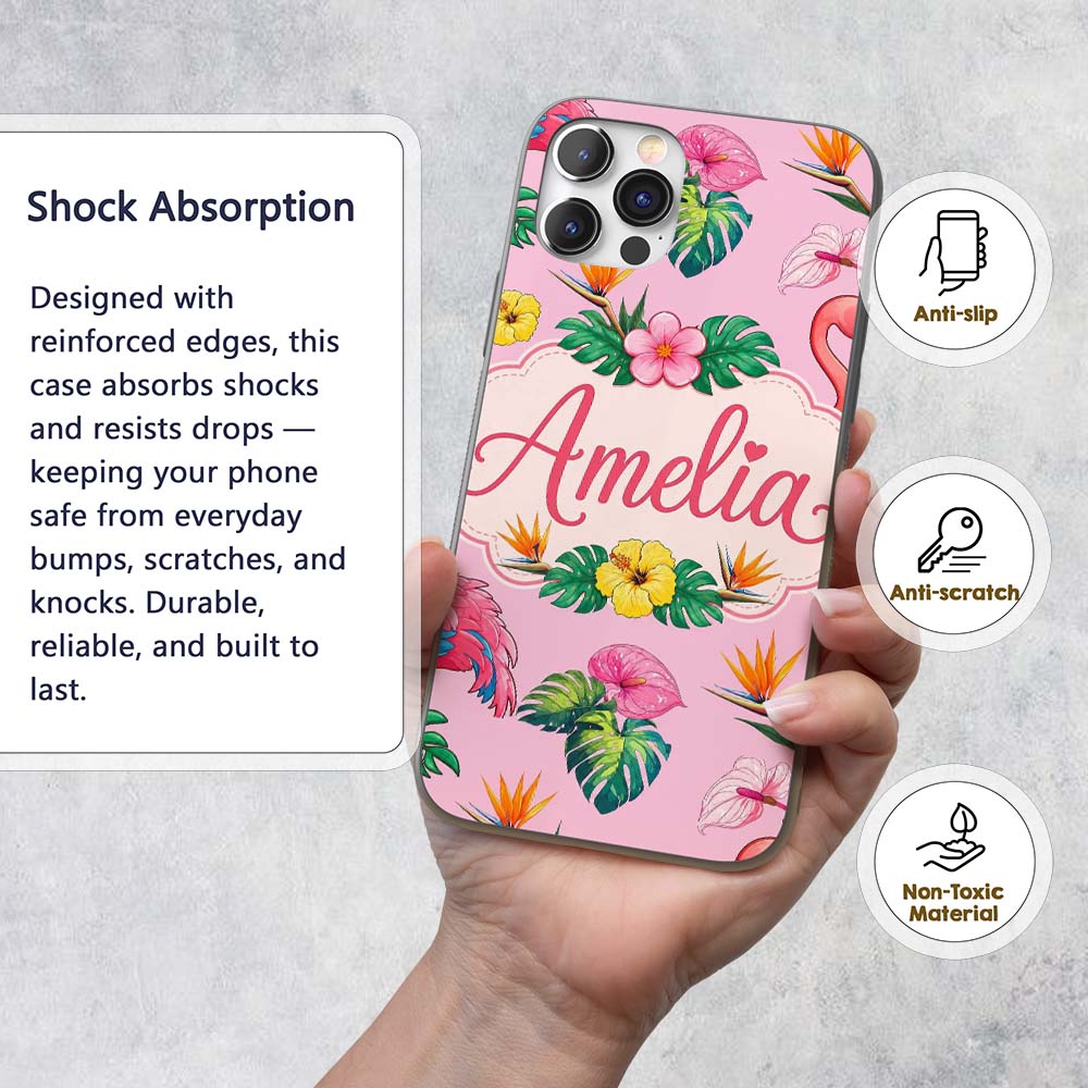 Tropical Flamingo Bird with Exotic Flowers Leaves Custom Name Protective Phone Case Mobile Cover Durable Everyday Smartphone Shock Resistant