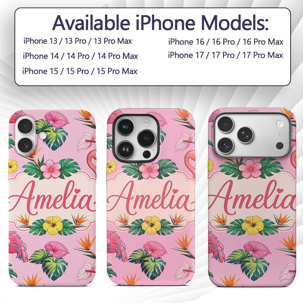 Tropical Flamingo Bird with Exotic Flowers Leaves Custom Name Protective Phone Case Mobile Cover Durable Everyday Smartphone Shock Resistant