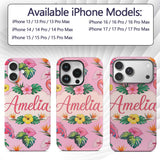 Tropical Flamingo Bird with Exotic Flowers Leaves Custom Name Protective Phone Case Mobile Cover Durable Everyday Smartphone Shock Resistant