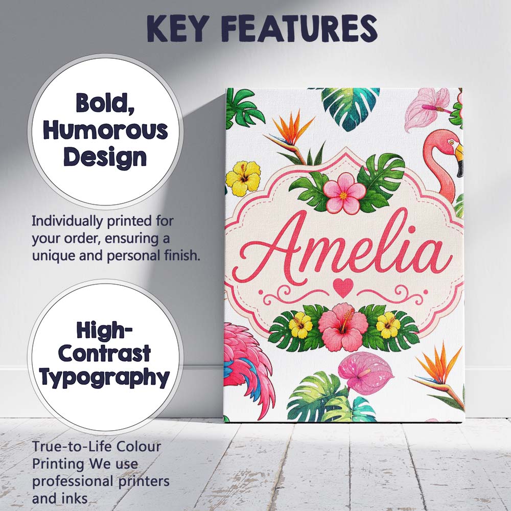 Personalised Name Tropical Flamingo Bird Custom  Unique Gift Idea Elegant Feature Canvas Wall Art Print Decor Picture Ready to Hang