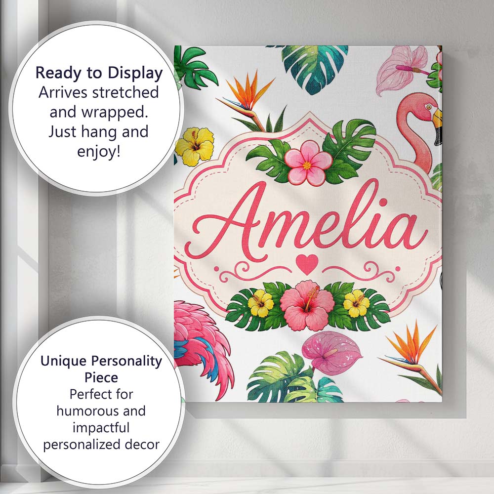 Personalised Name Tropical Flamingo Bird Custom  Unique Gift Idea Elegant Feature Canvas Wall Art Print Decor Picture Ready to Hang