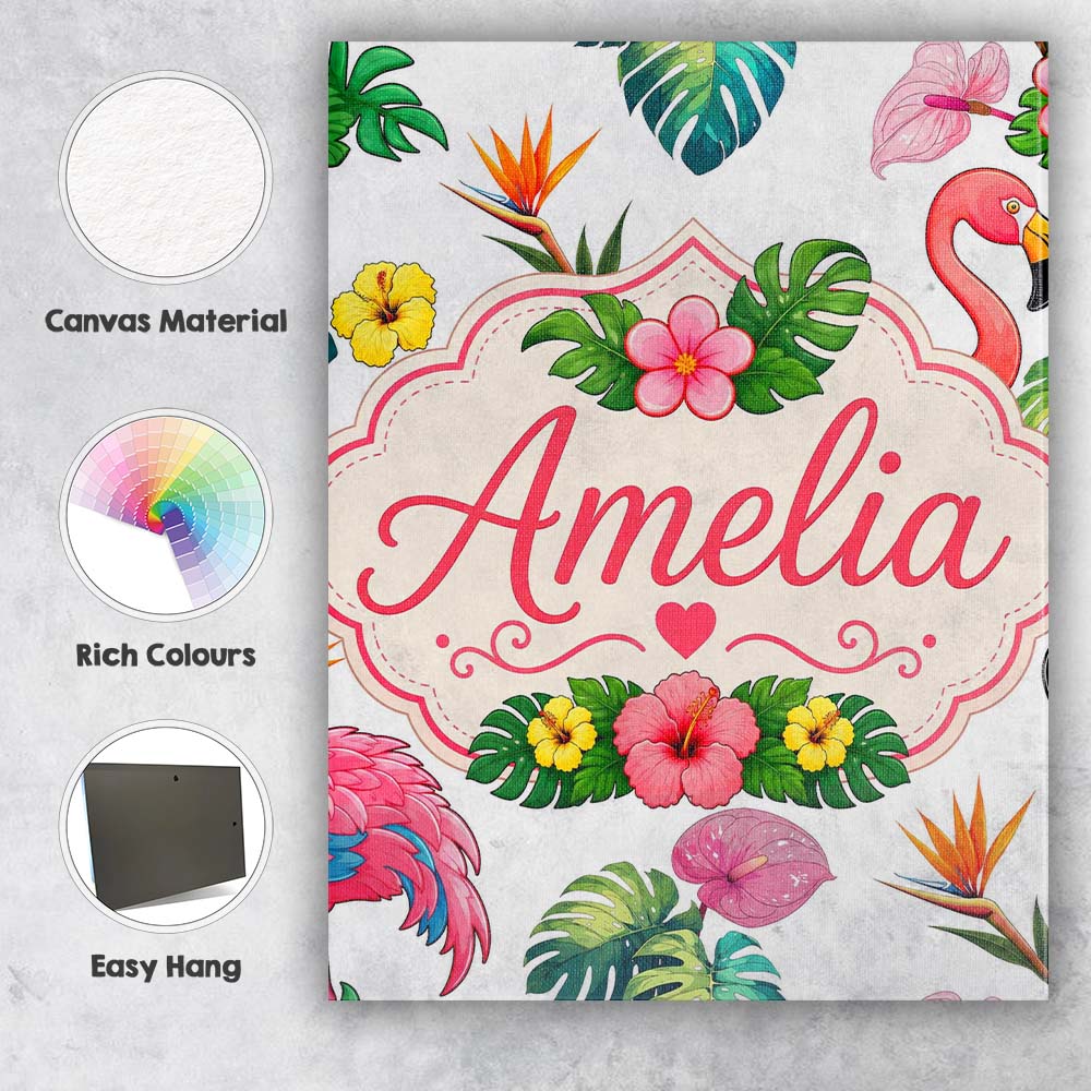 Personalised Name Tropical Flamingo Bird Custom  Unique Gift Idea Elegant Feature Canvas Wall Art Print Decor Picture Ready to Hang
