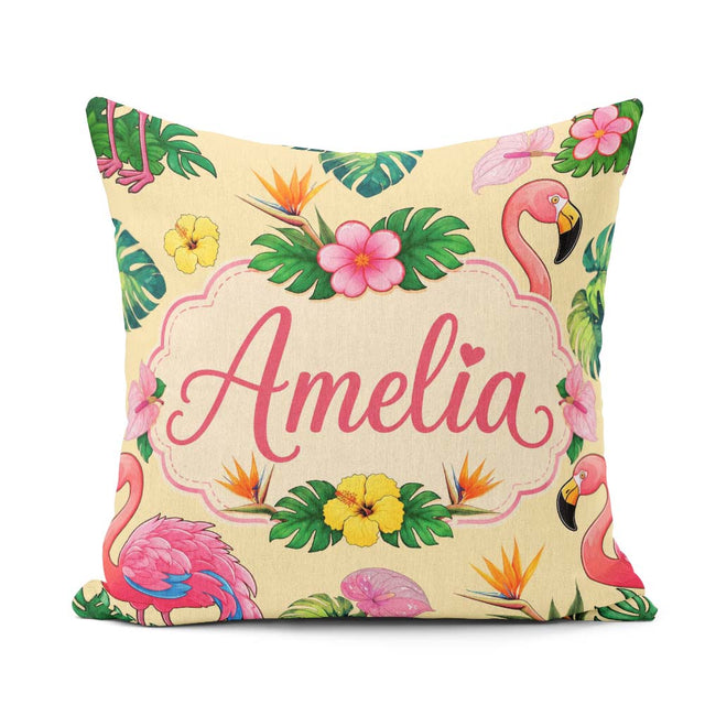 Custom Name Tropical Flamingo Bird Exotic Flowers Leaves Pattern Square Filled Cushion Throw Pillow Sofa Bed Home Decor Zip Washable UK Made