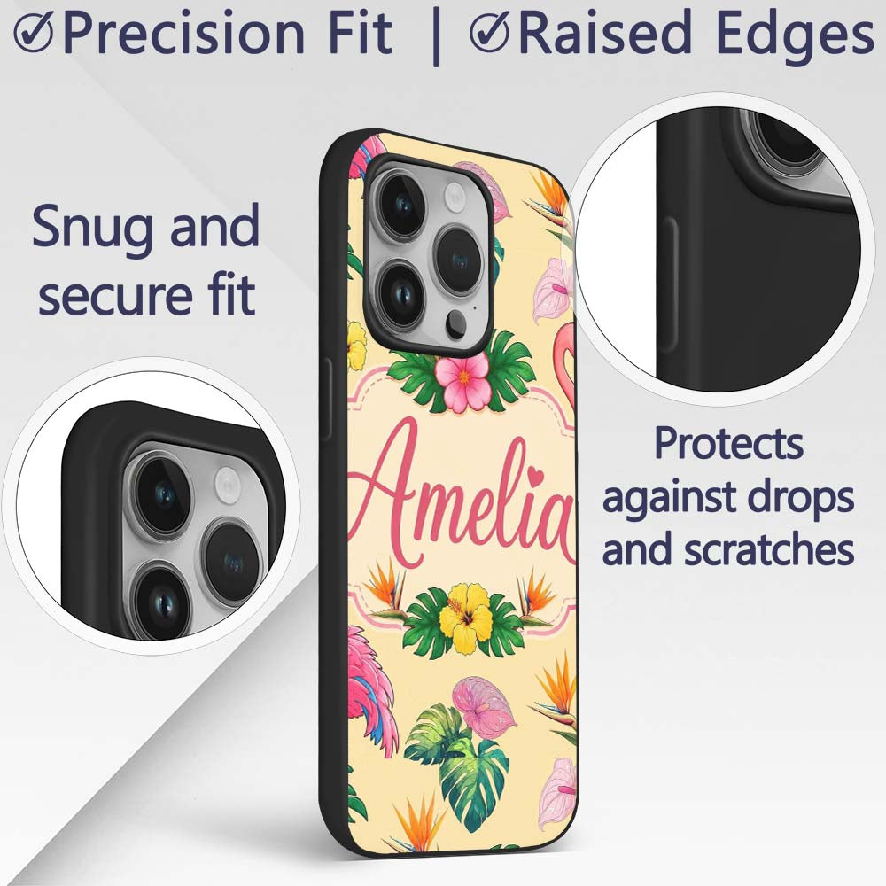 Tropical Flamingo Bird with Exotic Flowers Leaves Custom Name Protective Phone Case Mobile Cover Durable Everyday Smartphone Shock Resistant