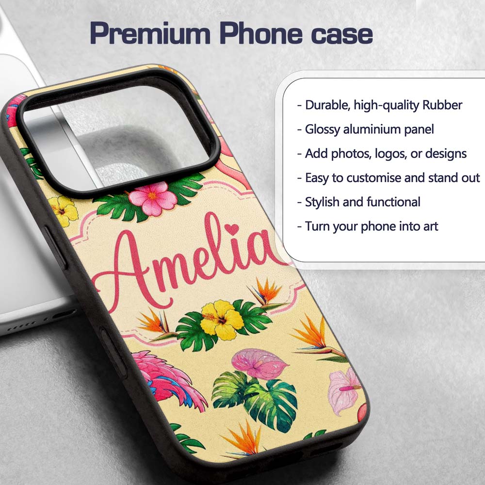 Tropical Flamingo Bird with Exotic Flowers Leaves Custom Name Protective Phone Case Mobile Cover Durable Everyday Smartphone Shock Resistant