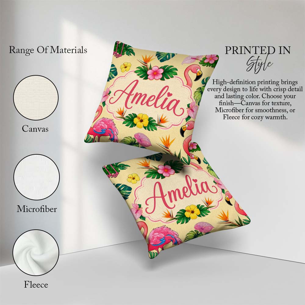 Custom Name Tropical Flamingo Bird Exotic Flowers Leaves Pattern Square Filled Cushion Throw Pillow Sofa Bed Home Decor Zip Washable UK Made