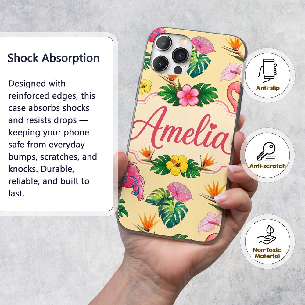 Tropical Flamingo Bird with Exotic Flowers Leaves Custom Name Protective Phone Case Mobile Cover Durable Everyday Smartphone Shock Resistant