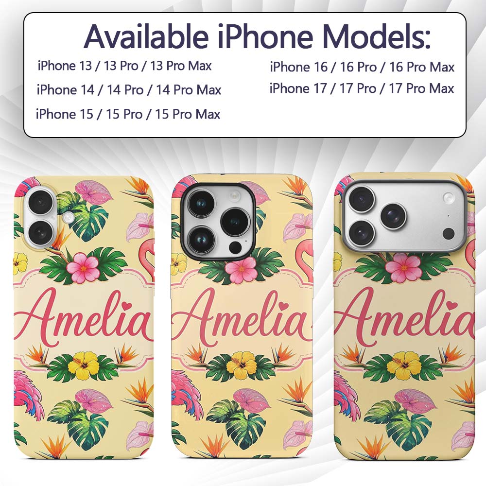 Tropical Flamingo Bird with Exotic Flowers Leaves Custom Name Protective Phone Case Mobile Cover Durable Everyday Smartphone Shock Resistant
