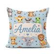 Custom Name Jungle Baby Animals Lion Tiger Elephant Giraffe Blue Square Filled Cushion Throw Pillow Sofa Bed Home Decor Zip Washable UK Made
