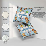 Custom Name Jungle Baby Animals Lion Tiger Elephant Giraffe Blue Square Filled Cushion Throw Pillow Sofa Bed Home Decor Zip Washable UK Made