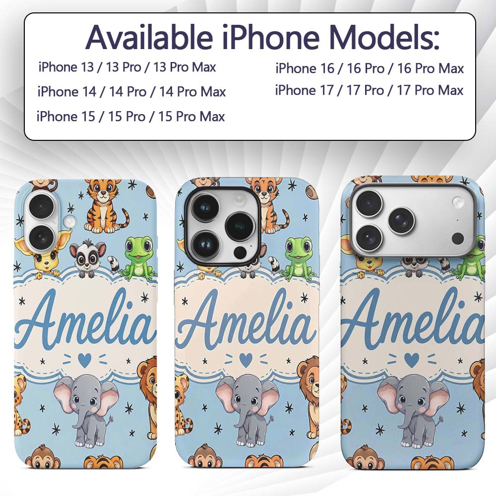 Cute Jungle Baby Animals Lion Tiger Elephant Custom Name Protective Phone Case Mobile Cover Durable Everyday Smartphone Shock Resistant