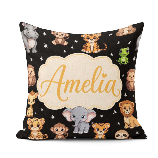 Custom Name Jungle Baby Animals Lion Tiger Giraffe Pattern Black Square Filled Cushion Throw Pillow Sofa Bed Home Decor Zip Washable UK Made