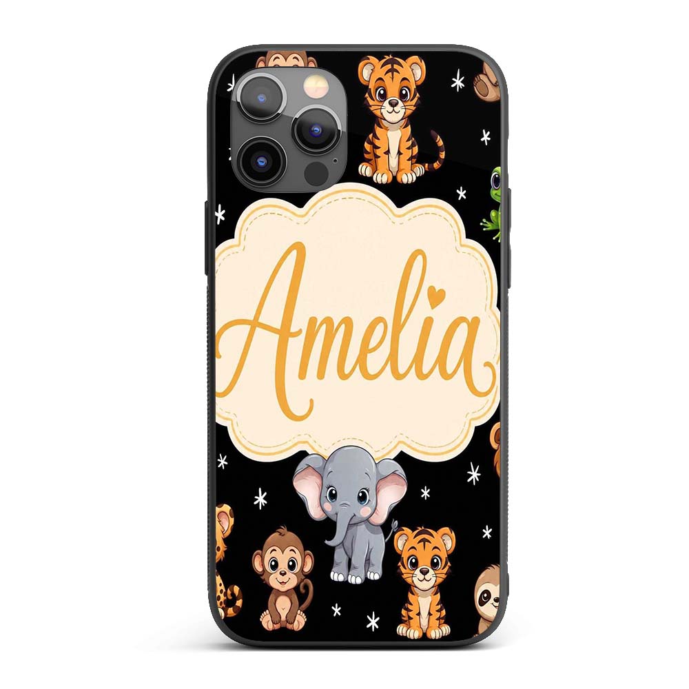 Cute Jungle Baby Animals Lion Tiger Elephant Custom Name Protective Phone Case Mobile Cover Durable Everyday Smartphone Shock Resistant
