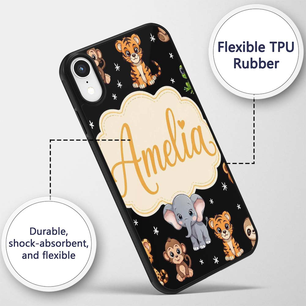 Cute Jungle Baby Animals Lion Tiger Elephant Custom Name Protective Phone Case Mobile Cover Durable Everyday Smartphone Shock Resistant