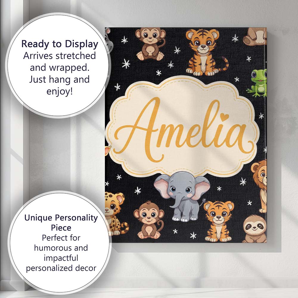 Personalised Name Cute Jungle Baby Animals Custom  Unique Gift Idea Elegant Feature Canvas Wall Art Print Decor Picture Ready to Hang