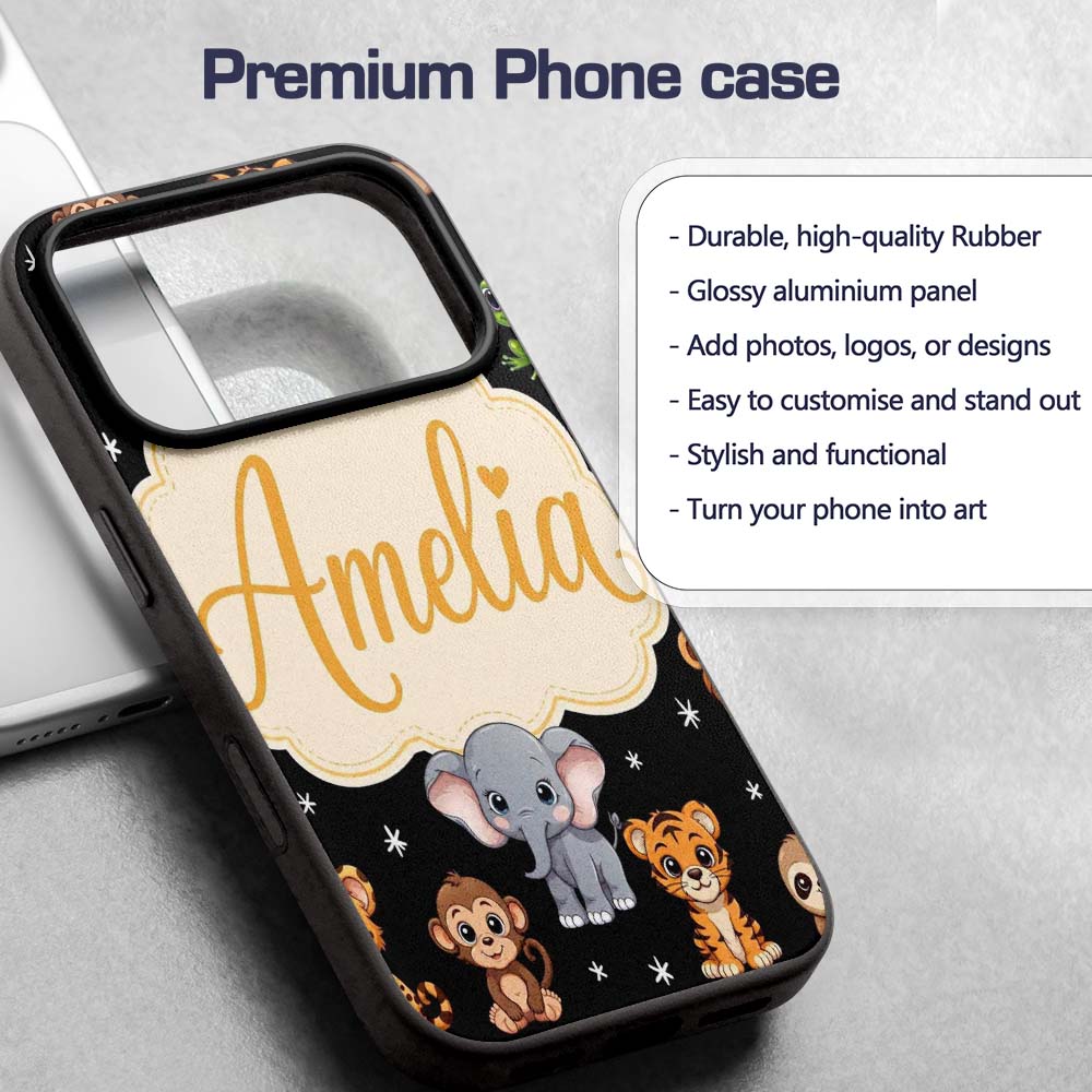 Cute Jungle Baby Animals Lion Tiger Elephant Custom Name Protective Phone Case Mobile Cover Durable Everyday Smartphone Shock Resistant
