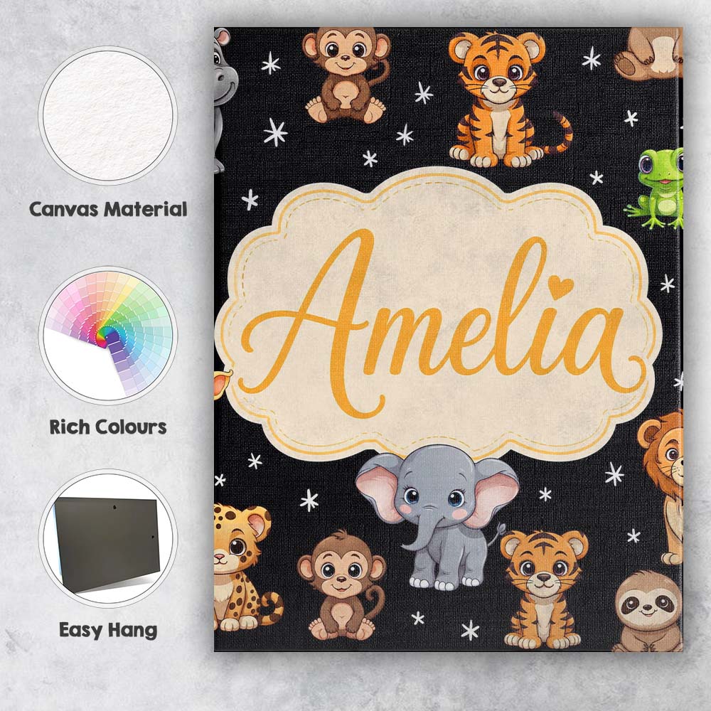 Personalised Name Cute Jungle Baby Animals Custom  Unique Gift Idea Elegant Feature Canvas Wall Art Print Decor Picture Ready to Hang