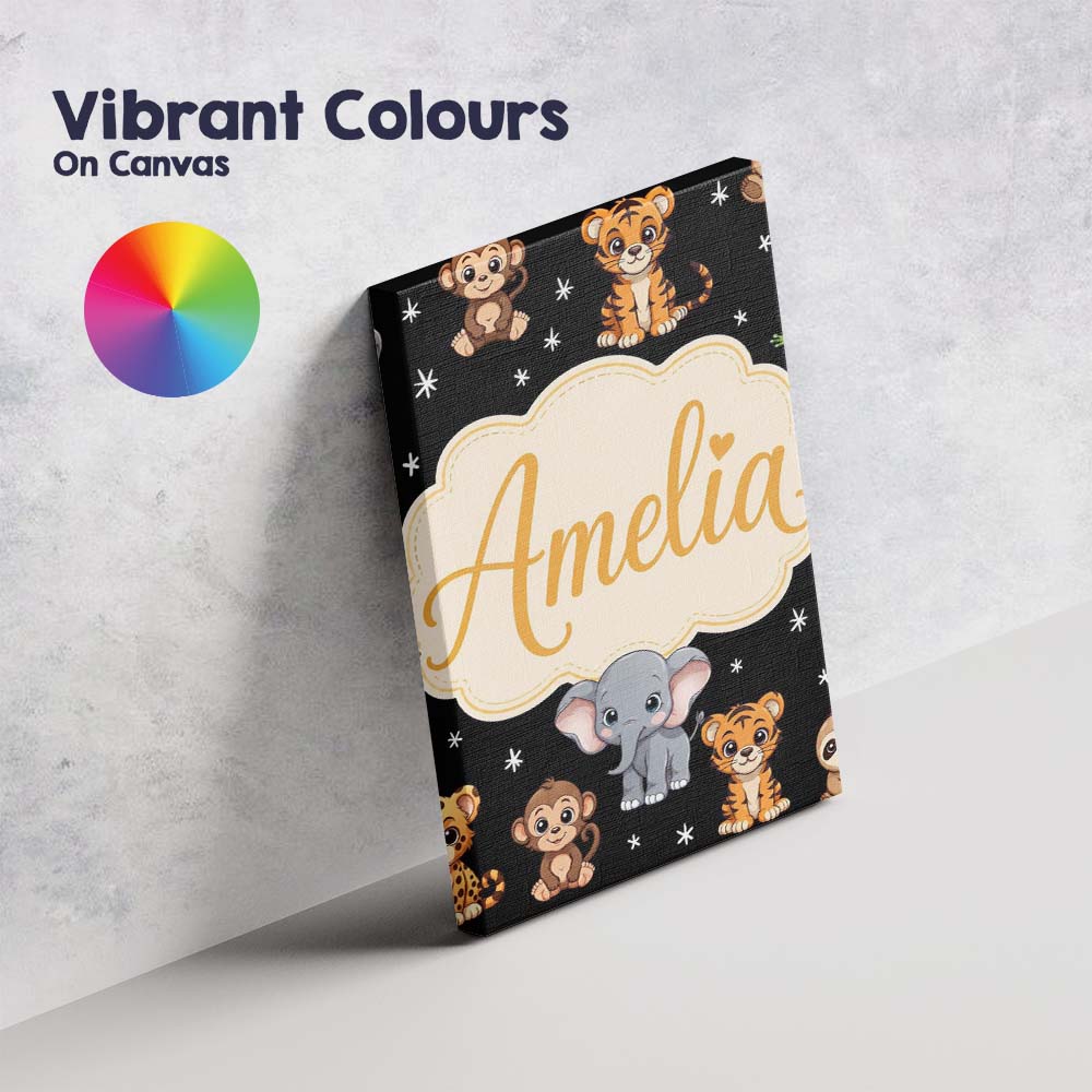 Personalised Name Cute Jungle Baby Animals Custom  Unique Gift Idea Elegant Feature Canvas Wall Art Print Decor Picture Ready to Hang