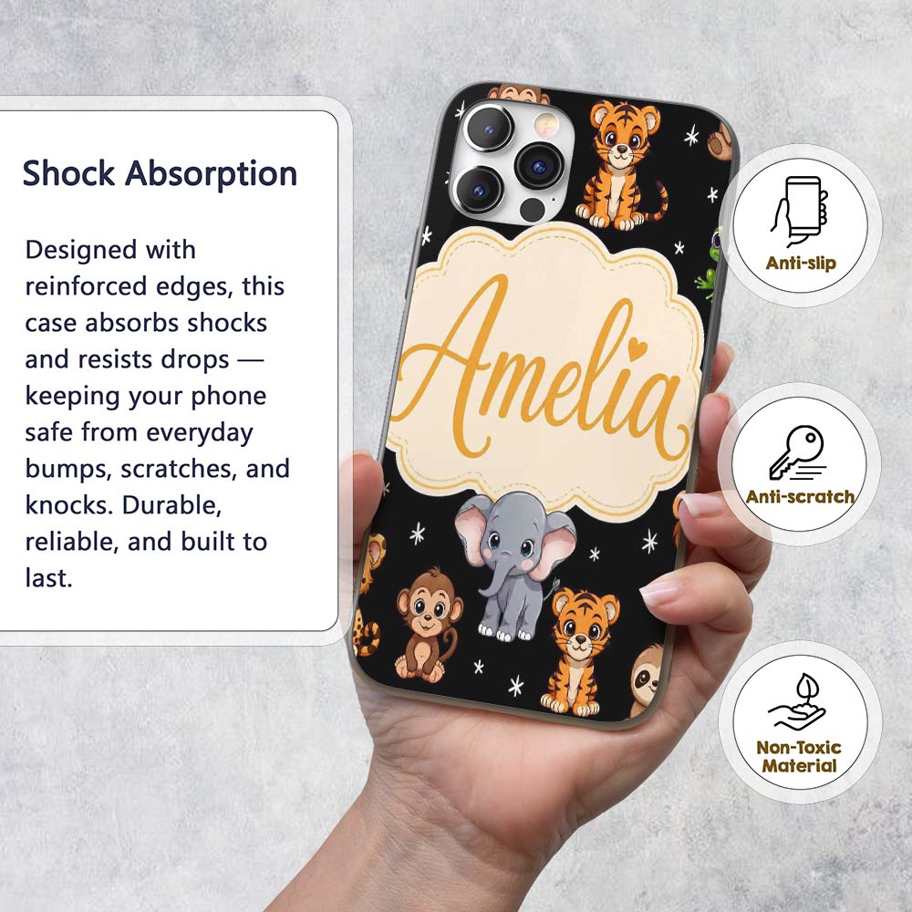 Cute Jungle Baby Animals Lion Tiger Elephant Custom Name Protective Phone Case Mobile Cover Durable Everyday Smartphone Shock Resistant