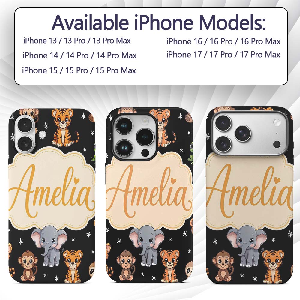 Cute Jungle Baby Animals Lion Tiger Elephant Custom Name Protective Phone Case Mobile Cover Durable Everyday Smartphone Shock Resistant