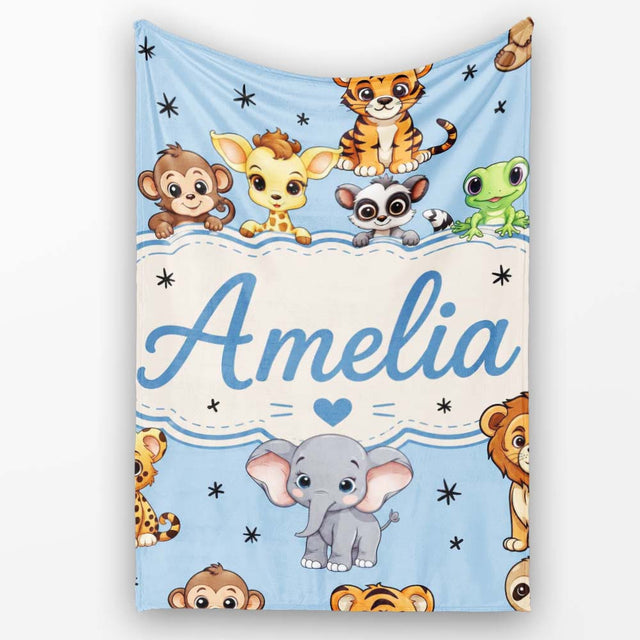 Cute Jungle Baby Animals Lion Tiger Elephant Giraffe Sky Blue Lovely  Personalised Custom Name Super Soft Fleece Blanket Bed Sofa Throw